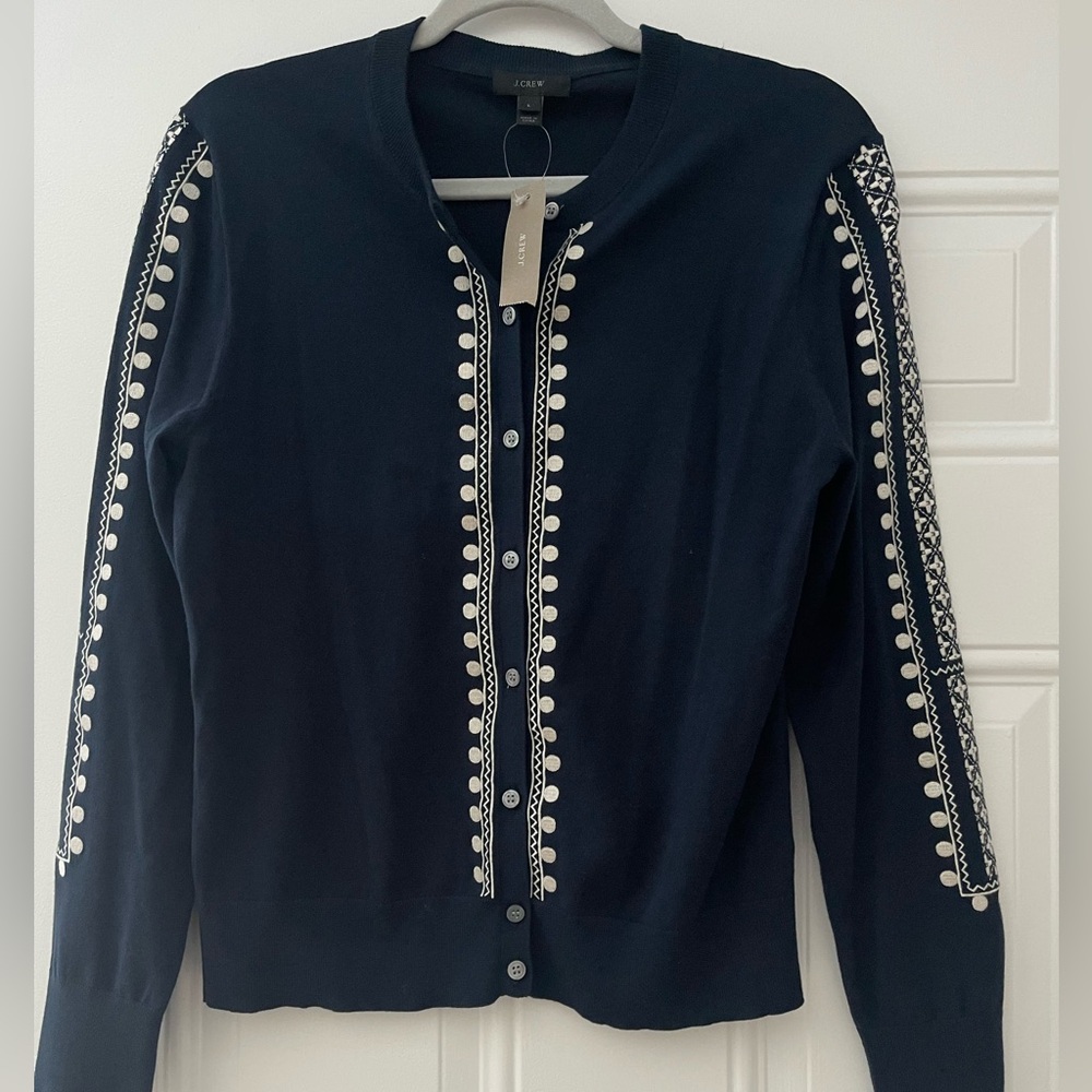 J. Crew Navy Cardigan with White Embroidered Trim
